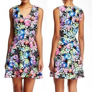 CHARLES HENRY Black Green Blue Floral Sleeveless Party Mini Fit & Flare Dress S